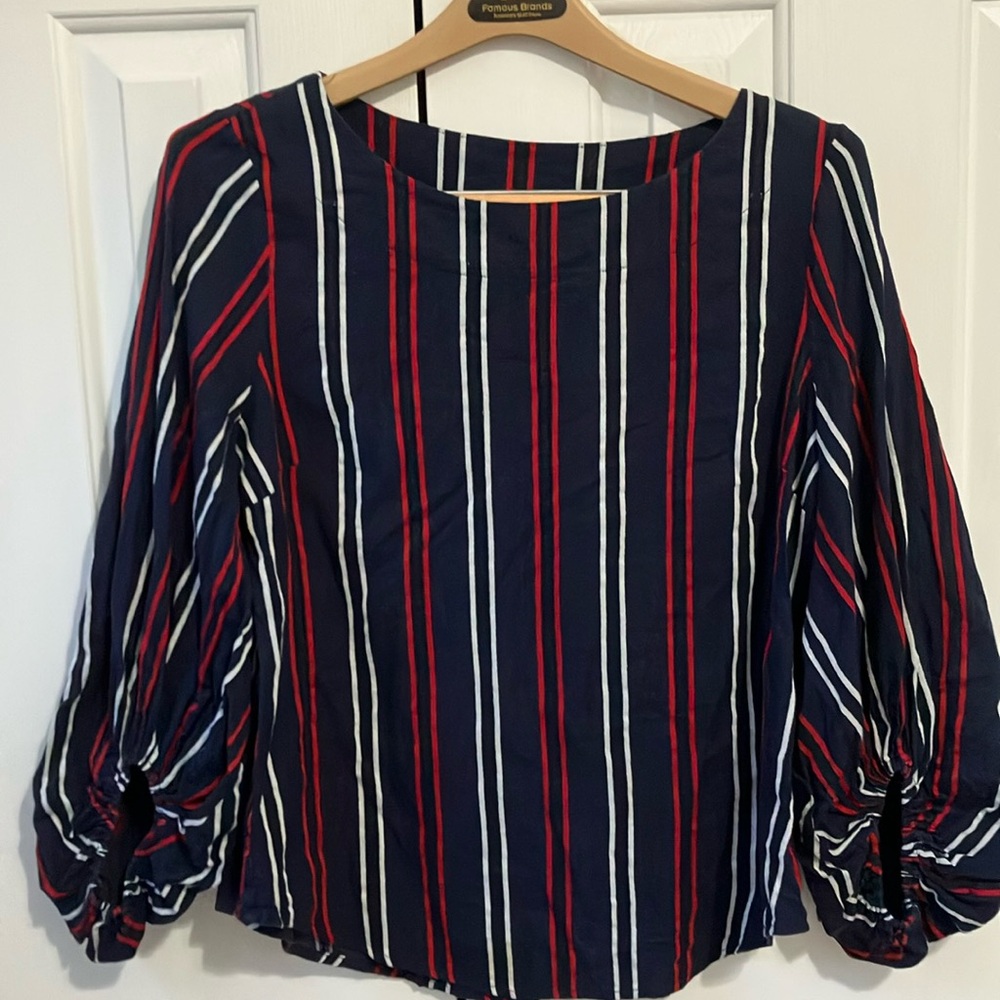 CAbi Red, White and Blue Flag Blouse size M Fourth of July Bell-like 3/4 Sleeve